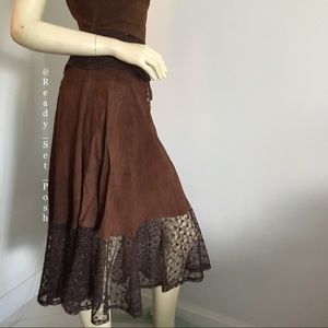 Morton & Rossi genuine leather suede & lace trim midi skirt size extra small